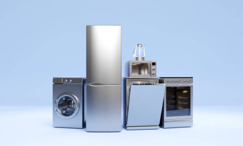 Realistic mockup of a washing machine, dishwasher, stove and refrigerator on a blue background. 3d Household appliances for household chores.